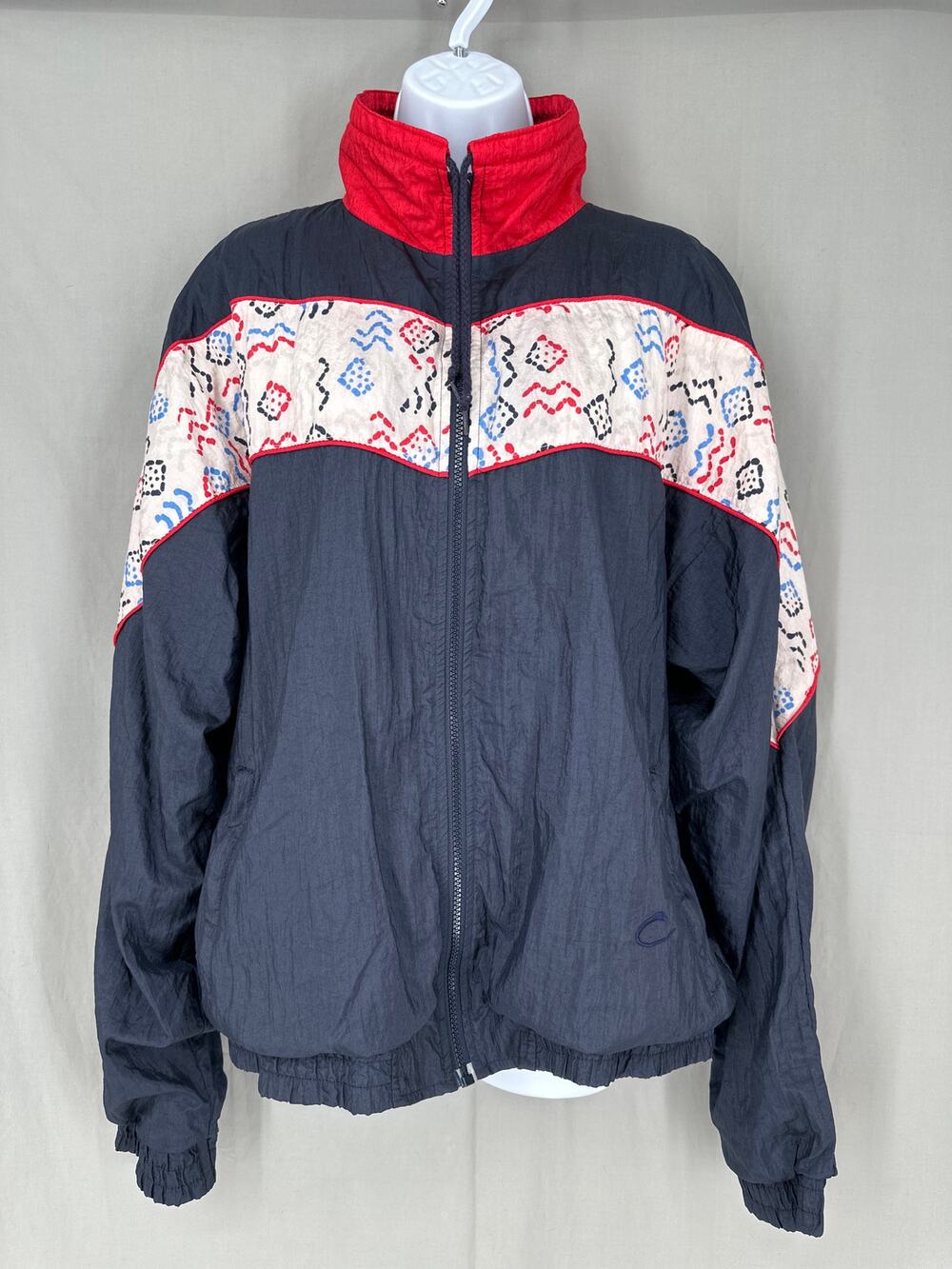 90s Vintage Jacket Womens Large Navy Blue Windbreaker Red Full Zip Retro Funnel